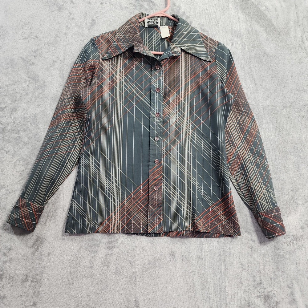 Vintage 70s Campus Casuals Shirt Womens M Gray Striped Daggar Collar Button Up‎